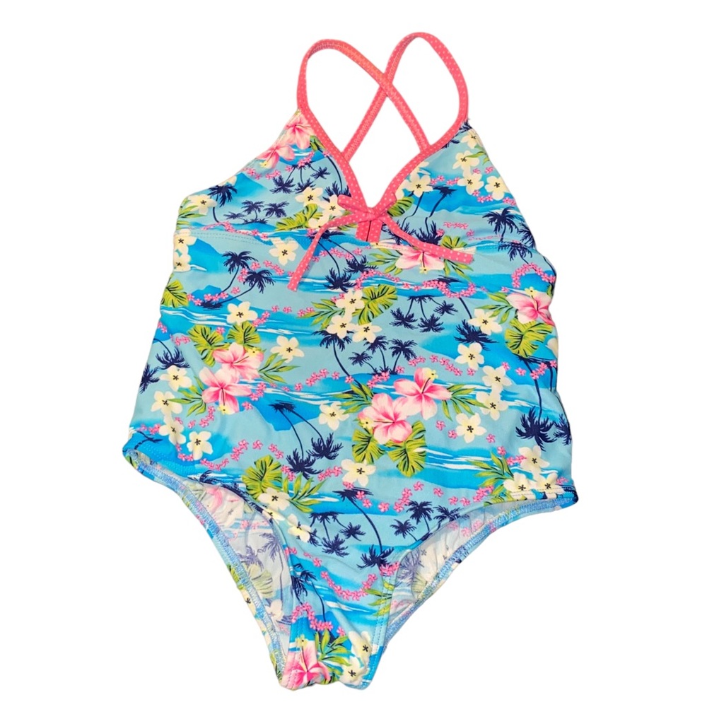 Vintage Sand N Sun One Piece SwimSuit Blue Hawaiian Floral‎ Strappy Y2K